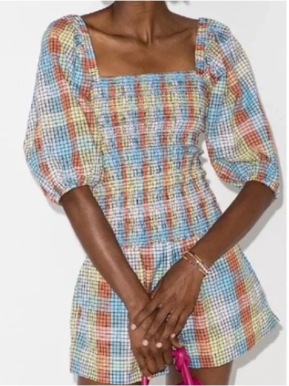 Ruched Seersucker Check Smock Top